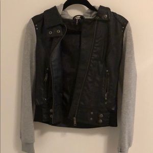 Faux leather and sweatshirt hooded jacket